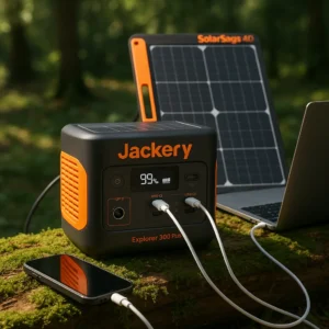 Jackery Explorer 300 Plus portable power station with solar panel tested for camping and emergency backup power