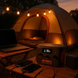 Jackery explorer 300 plus portable power station running complete camping setup - phones, lights, and devices charging