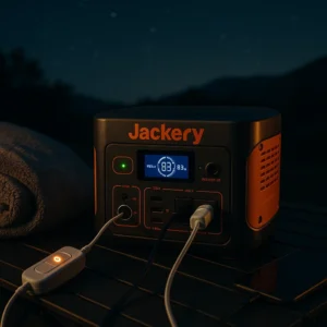 Portable power station powering stargazing gear including heated blanket and electronics at camping site
