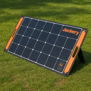Jackery SolarSaga 100W portable solar panel for camping with kickstands deployed charging devices