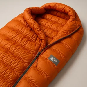 Down sleeping bag for winter camping essentials showing insulation baffles and temperature rating details