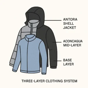 North face hiking gear layering system showing base layer insulation and waterproof shell configuration