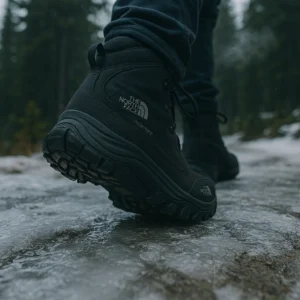 North face boots Snowfuse winter hiking on icy trail conditions showing traction performance during the Outdoor Tech Lab test