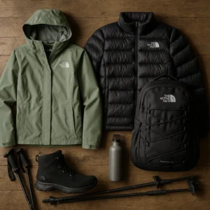 Complete north face hiking gear setup for winter trails including jacket backpack and boots