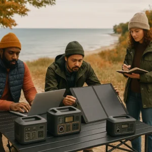 Outdoor Tech Lab team field testing budget portable power stations under $300 in Northern Michigan lakeside conditions