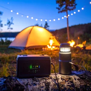 Complete camping power setup with portable power station charging multiple devices at a campsite under starry night sky