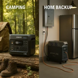 Visual guide showing Anker power stations ideal for camping and EcoFlow ideal for home backup power.
