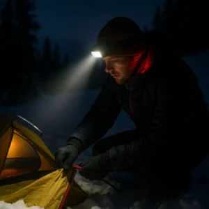 Rechargeable headlamp providing illumination for winter camping setup in cold weather conditions