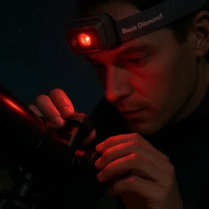 Red light headlamp preserving night vision while adjusting telescope during stargazing camping session