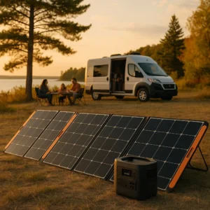 RV camping with solar camping gear including portable solar panels and power station for off-grid power