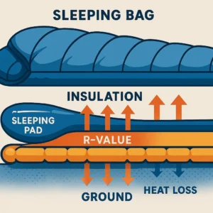Sleeping pad R-value illustration showing importance for ultralight sleeping bag warmth and insulation