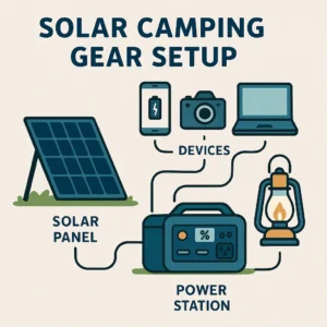 Solar camping gear setup diagram showing how to connect portable solar panels and power stations