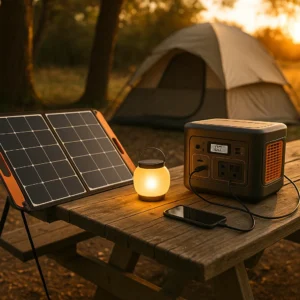 Solar camping gear setup with portable solar panel and lantern at Michigan campsite during sunset
