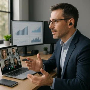 A businessman in his 40s wearing Sony WF-1000XM5 earbuds (clearly visible in ears) during a video conference call for an Outdoor Tech Lab test