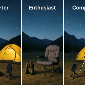 Stargazing gear for camping budget comparison showing starter, enthusiast and complete setups