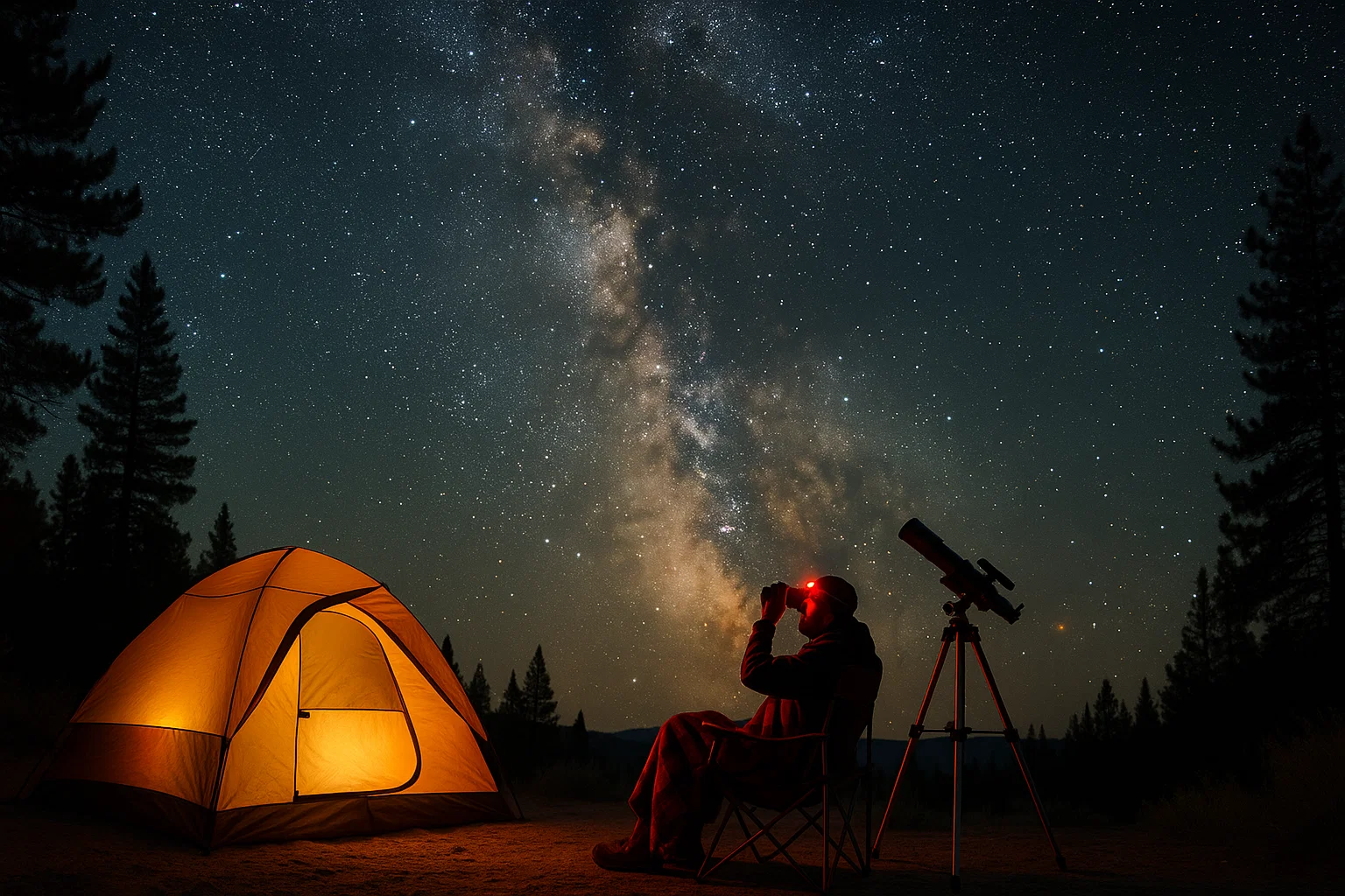 Best stargazing gear for camping setup showing telescope, red light headlamp, and heated blanket under Milky Way galaxy