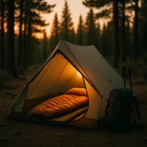 Ultralight sleeping bag setup in backcountry tent during Michigan wilderness backpacking trip