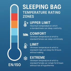 Ultralight sleeping bag temperature ratings guide showing EN ISO comfort and lower limit ratings