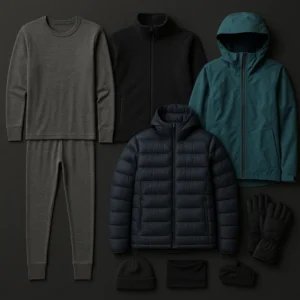 Complete winter camping essentials showing clothing layering system from base layers to insulated jacket for cold weather camping