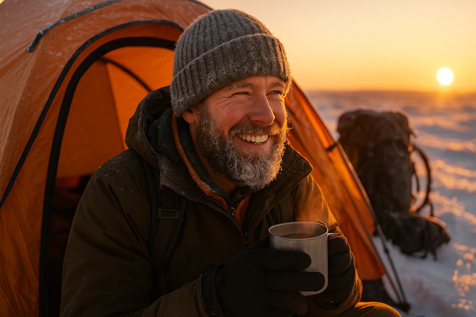A camper with hot drink at sunrise showing successful cold weather and winter camping essentials in -15°F conditions