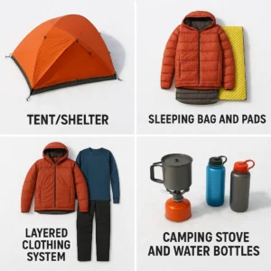 Four essential winter camping systems including shelter, sleep gear, clothing layers, and cooking equipment