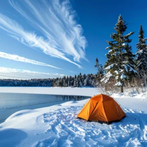 Winter camping destination in Michigan showing scenic Manistee National Forest camping location