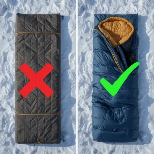 Common winter camping mistakes comparison showing improper versus proper cold weather gear setup