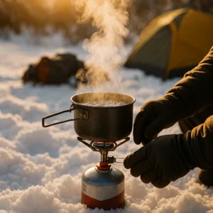 Winter camping stove system melting snow for water in sub-zero camping conditions