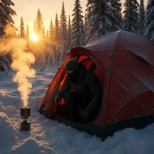 4-season winter camping tent setup in sub-zero Michigan conditions with camper and gear at sunrise
