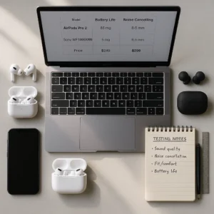 Head-to-head specifications comparison setup for AirPods Pro 2 vs Sony WF-1000XM5 wireless earbuds review