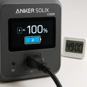Anker SOLIX C1000 display showing full charge after 49-minute HyperFlash charging