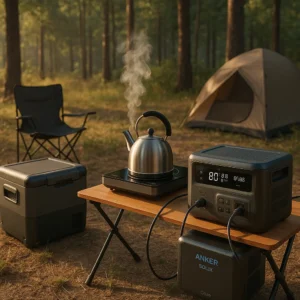 Anker SOLIX C1000 powering electric kettle and induction cooktop at dispersed camping site