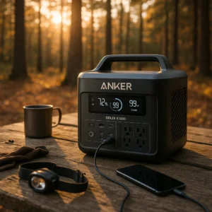 Anker SOLIX C1000 powering devices at Manistee National Forest campsite during golden hour test by Outdoor Tech Lab