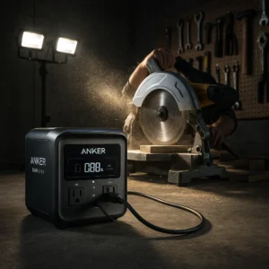 Anker SOLIX C1000 powering miter saw and work lights in garage workshop