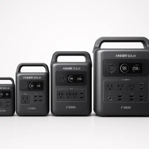 Anker SOLIX portable power station lineup comparison showing C300, C1000, F2000, and F3800 models