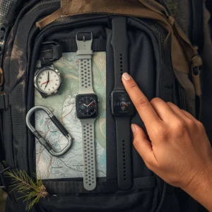 Apple Watch Ultra 2 and Garmin Fenix 8 side-by-side on hiking gear and topographic map