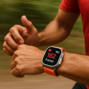 Runner wearing Apple Watch Ultra 2 showing workout metrics during outdoor training run