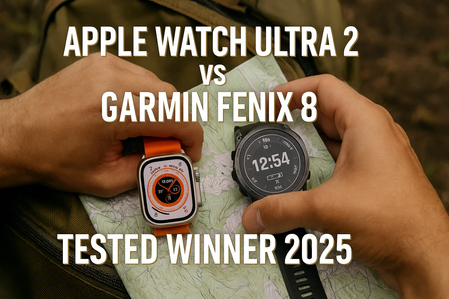 Apple Watch Ultra 2 vs Garmin Fenix 8 comparison on hiking backpack with map tested for 60 days by the Outdoor Tech Lab team