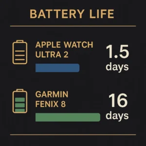 Battery life bar chart showing Apple Watch Ultra 2 lasts 1.5 days versus Garmin Fenix 8 lasting 16 days