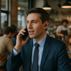 Business professional using Sony WF-1000XM5 earbuds for clear calls in noisy environments