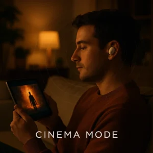 Movie enthusiast using Bose QC Ultra earbuds with Cinema Mode for immersive video experience