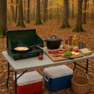 Essential deer camp cooking setup with stove and food storage