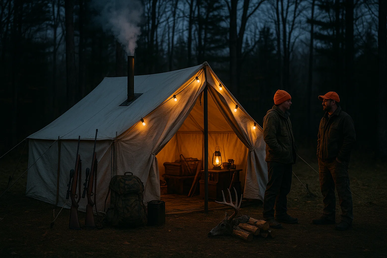 Complete deer camp essentials with canvas wall tent, wood stove, and organized hunting gear in Michigan forest