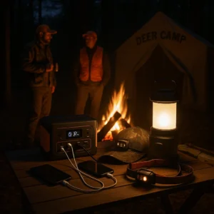 Deer camp essentials lighting and power setup with LED lanterns