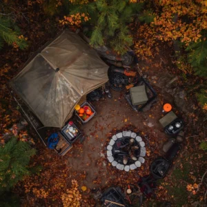 Complete deer camp essentials setup from aerial view showing organized hunting camp
