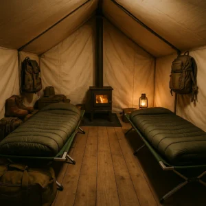 Deer camp essentials sleeping system with cots and cold-weather gear
