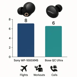 Battery life comparison chart showing Sony WF-1000XM5 8 hours vs Bose QC Ultra 6 hours in real-world testing