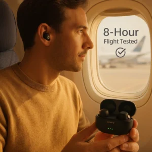 Sony WF-1000XM5 earbuds used during air travel for long battery life testing