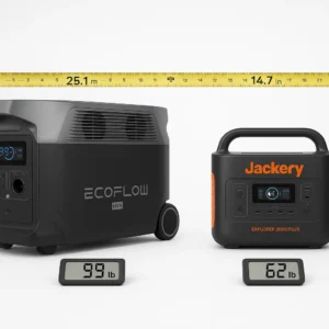 Size and weight comparison between EcoFlow DELTA Pro and Jackery Explorer 2000 Plus showing portability differences