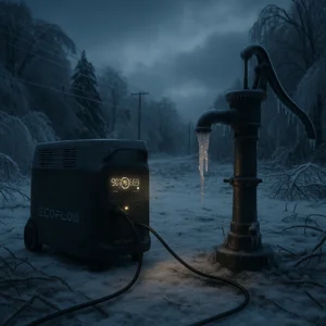 EcoFlow DELTA Pro providing emergency power during Michigan winter storm - 240V well pump operation